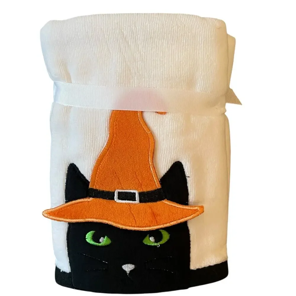 Kassadecor Halloween Witch Cat Hand Towels 18x28 Plush Black & White Set of 2